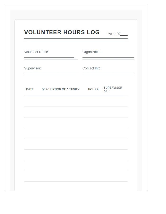 Simple Printable Volunteer Hours Tracking Log Chart Design