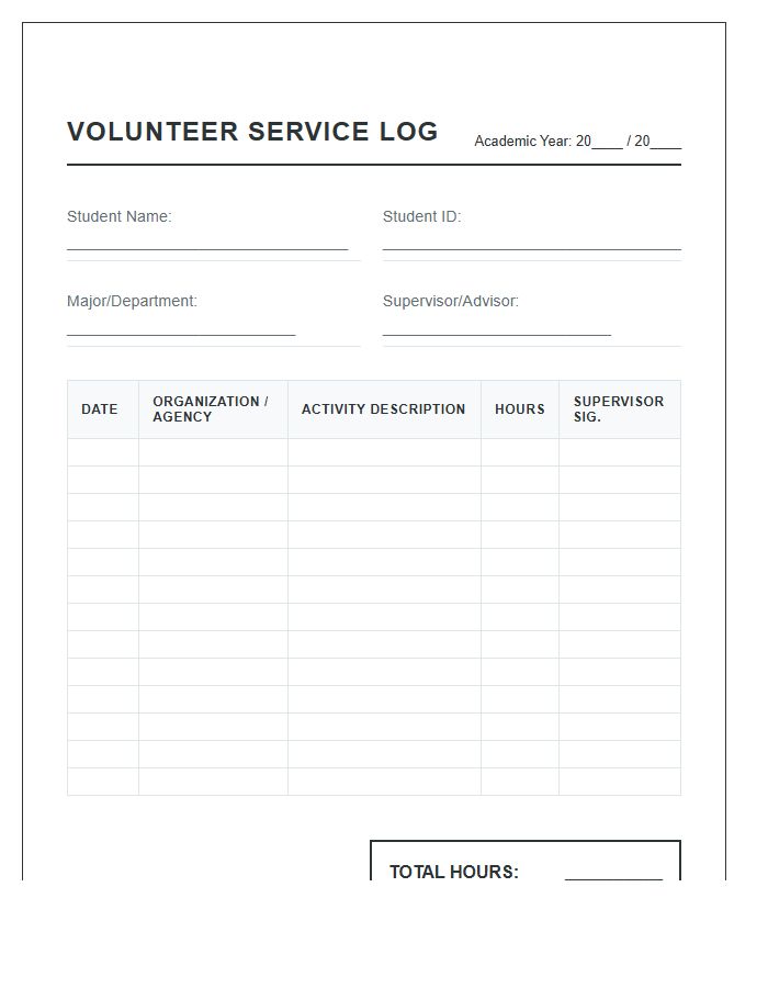 University Level Printable Volunteer Hours Tracking Log Chart