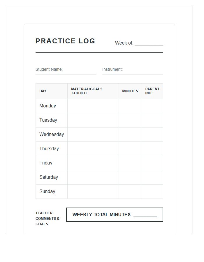Band Student Music Practice Log Chart Printable