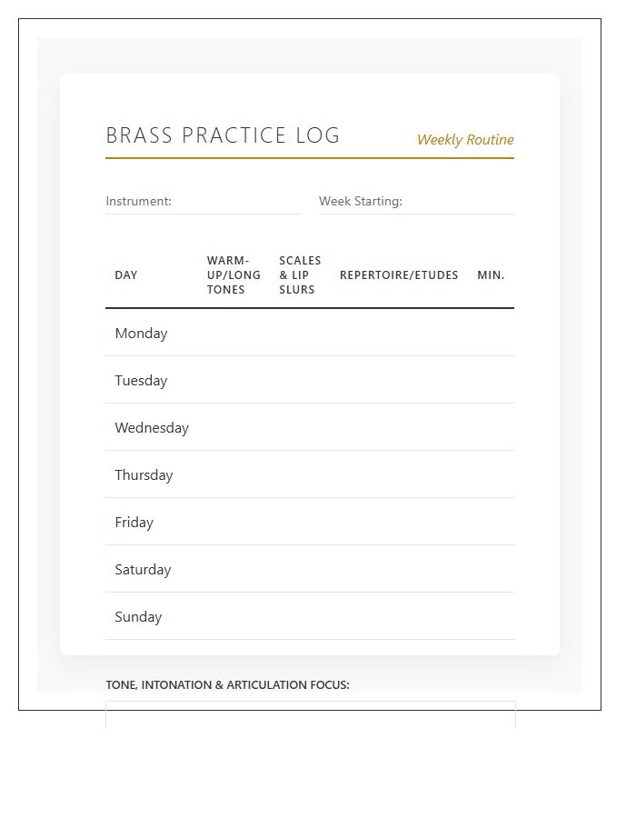 Brass Instrument Practice Log Chart Printable