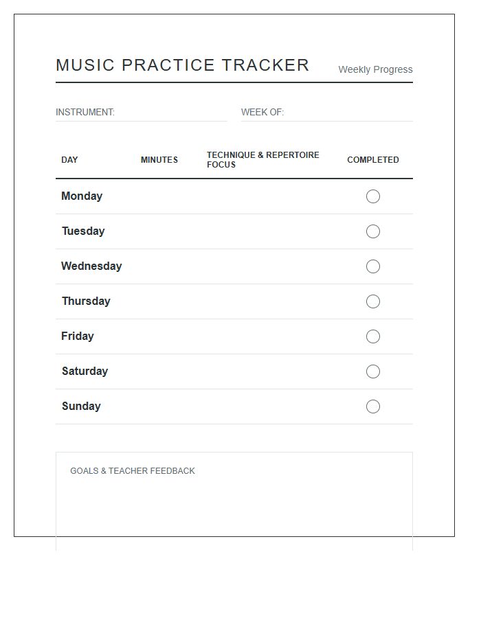 Daily Music Practice Tracker Chart Printable