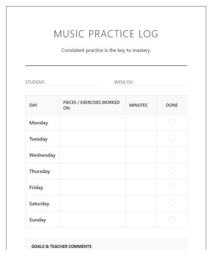 Elementary Music Student Practice Log Printable Chart