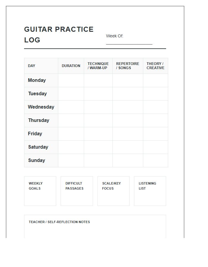 Guitar Practice Schedule Log Printable Chart