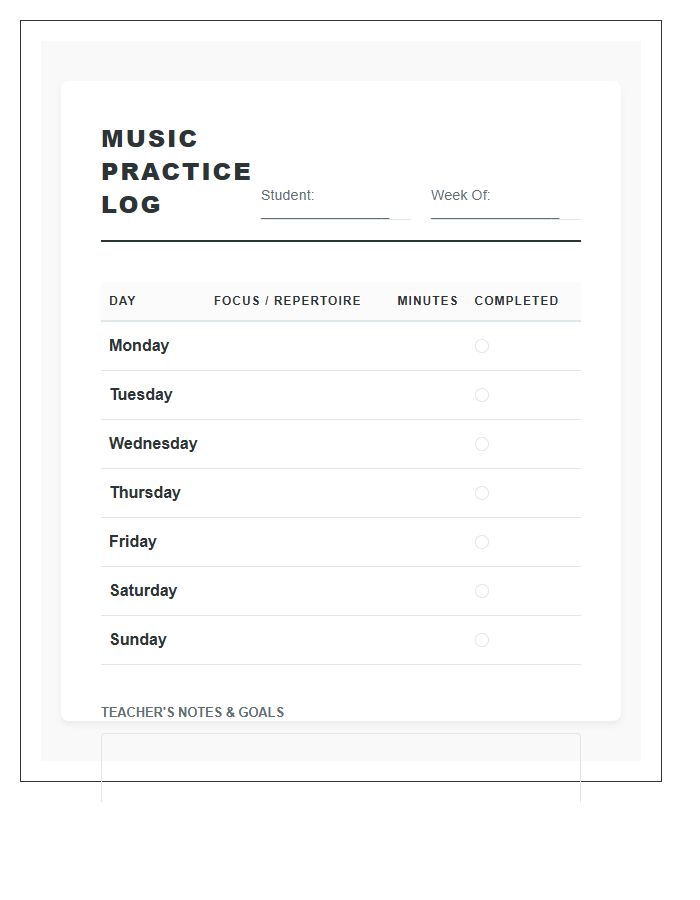 Home Music Practice Log Chart Printable