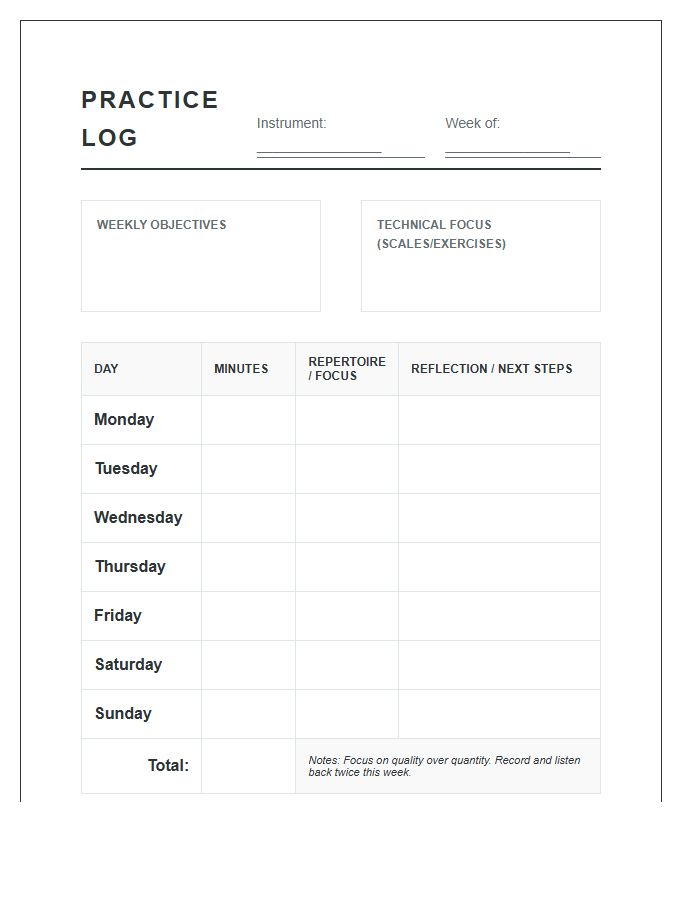 Instrumental Music Practice Log Chart Printable