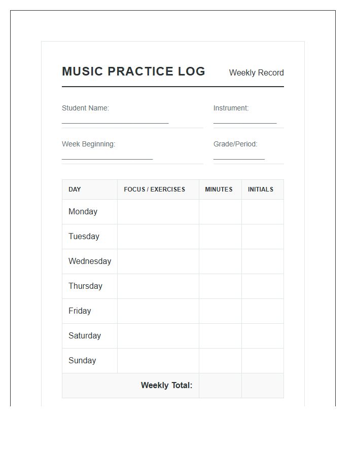 Middle School Music Practice Log Chart Printable