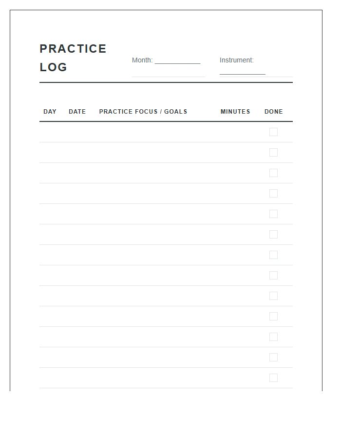 Monthly Music Practice Log Chart Printable