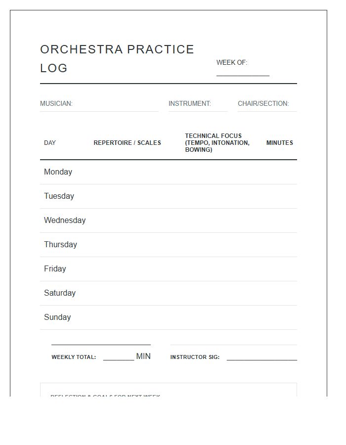 Orchestra Music Practice Log Chart Printable