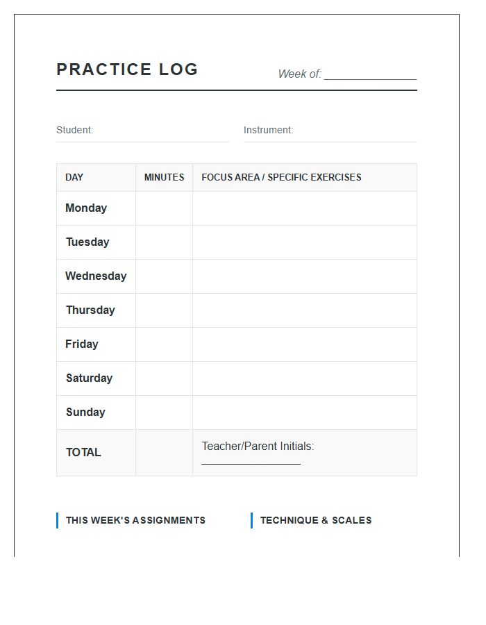 Private Music Lesson Practice Log Chart Printable