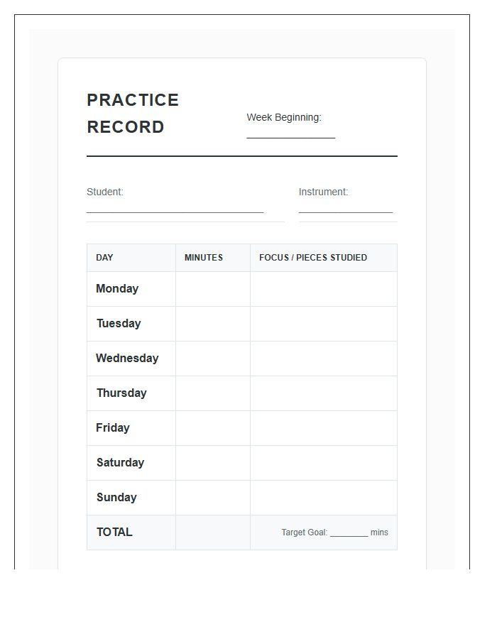 Student Music Practice Record Chart Printable