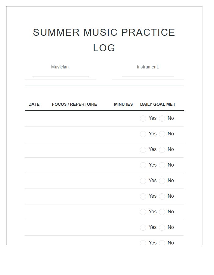 Summer Music Practice Log Chart Printable