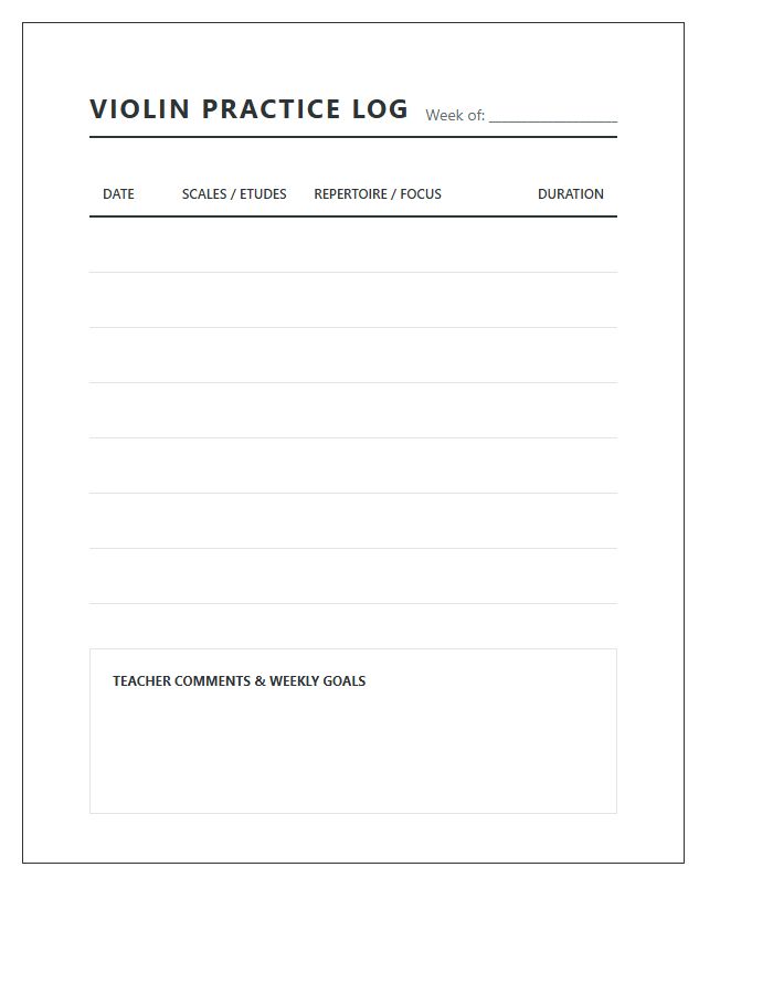Violin Practice Progress Log Printable Chart