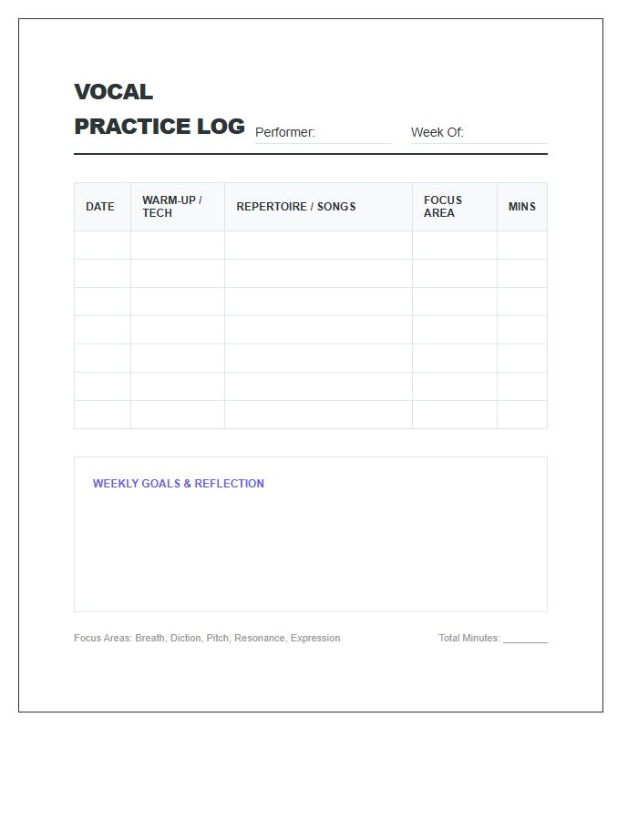 Vocal Music Practice Log Chart Printable