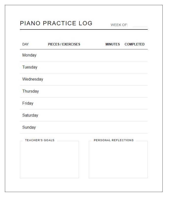 Weekly Piano Practice Log Printable Chart