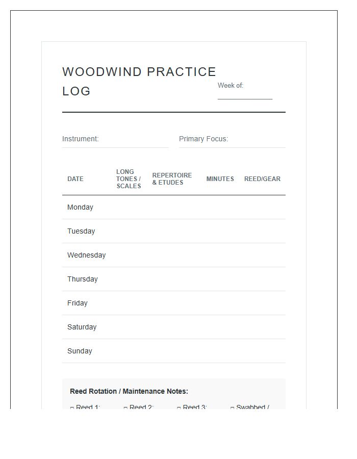 Woodwind Instrument Practice Log Chart Printable