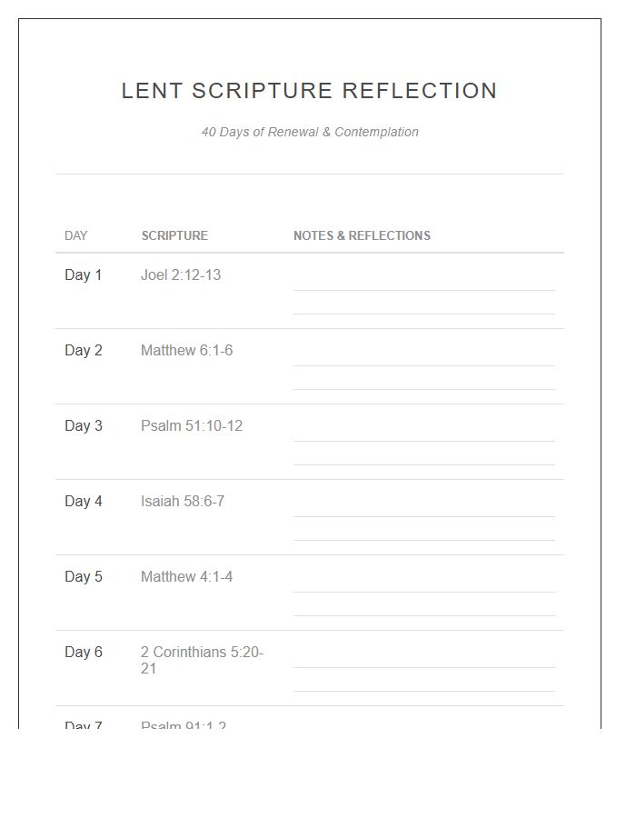 Lent Scripture Reflection Bible Verse Printable Chart