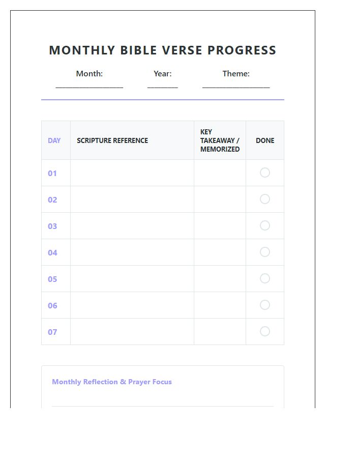 Monthly Bible Verse Progress Tracking Chart Printable