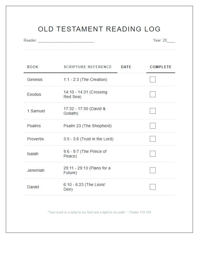 Old Testament Bible Verse Reading Log Printable Chart