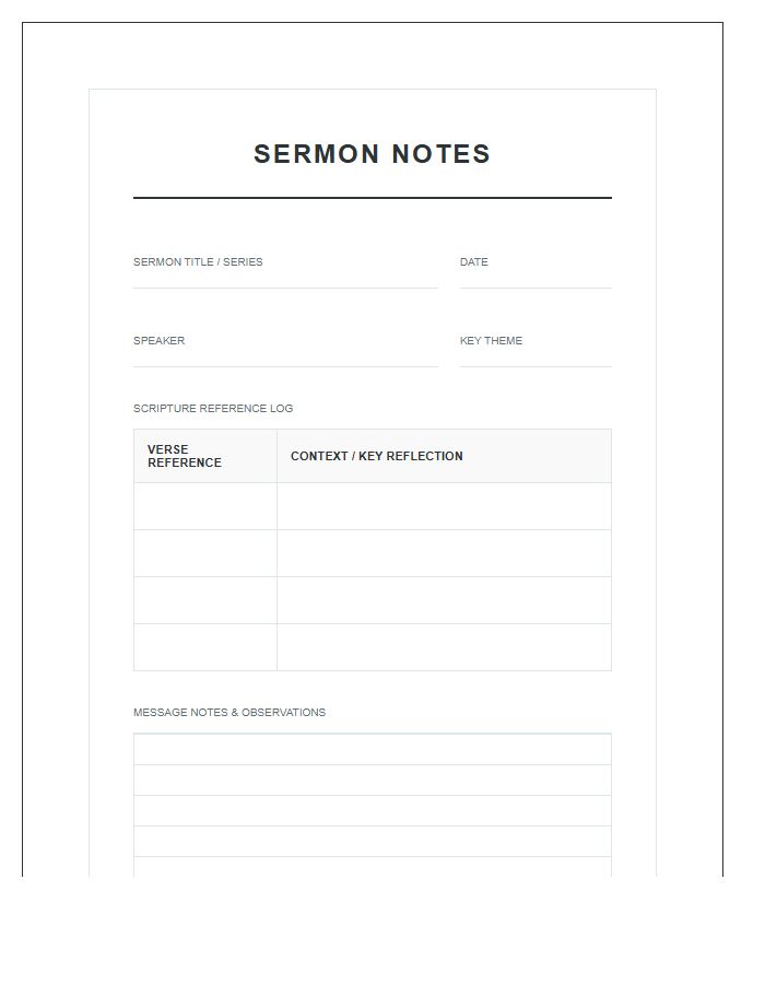 Sermon Notes And Bible Verse Logging Printable Chart
