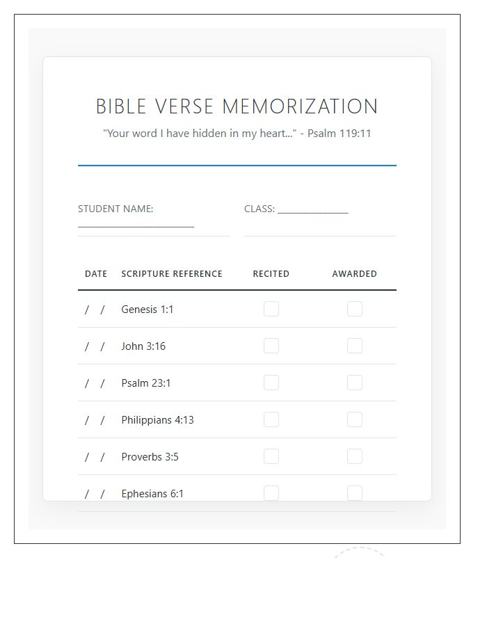 Sunday School Bible Verse Award Printable Chart
