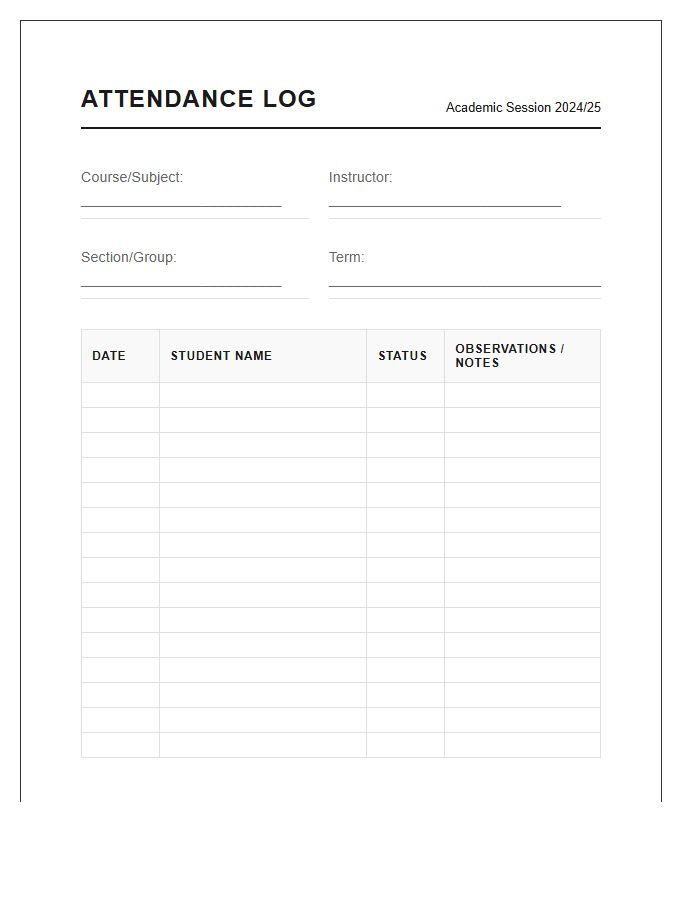 Academic Session Attendance Log Printable Chart