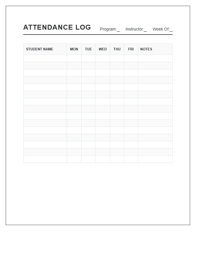 After School Program Attendance Log Printable Chart