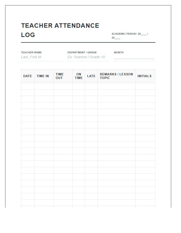 Comprehensive Teacher Attendance Log Printable Chart