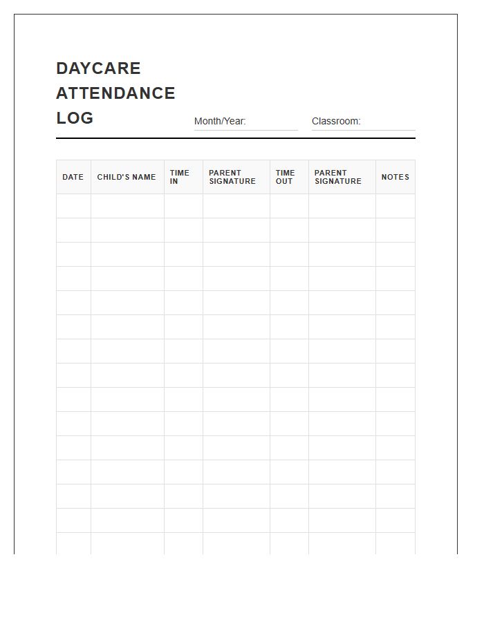 Daycare Attendance Log Printable Chart