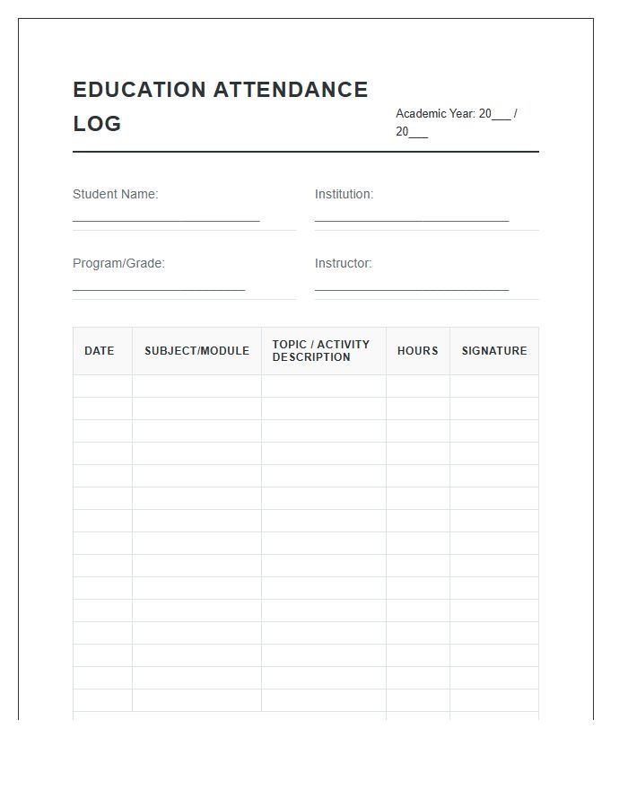 Formal Education Attendance Log Printable Chart