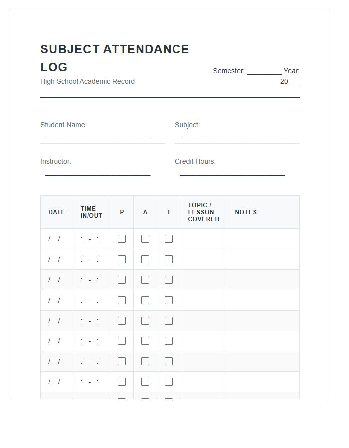 High School Subject Attendance Log Printable Chart