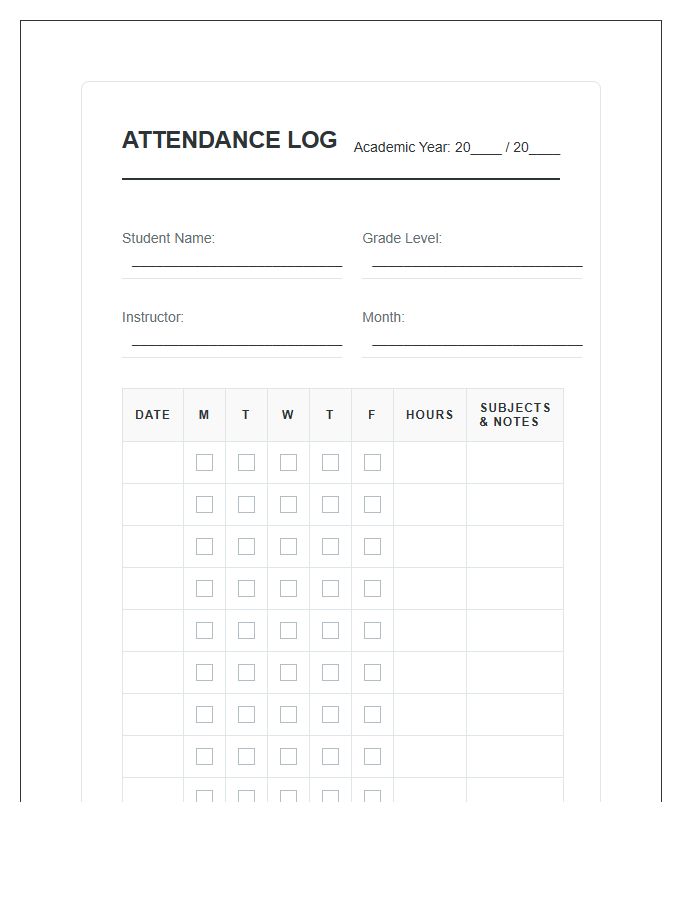 Homeschool Student Attendance Log Printable Chart