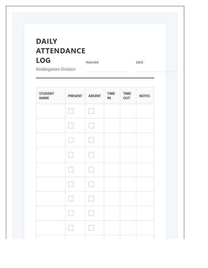 Kindergarten Daily Attendance Log Printable Chart