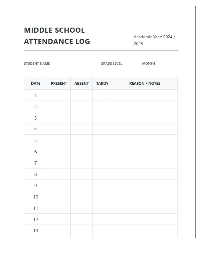 Middle School Attendance Log Printable Chart