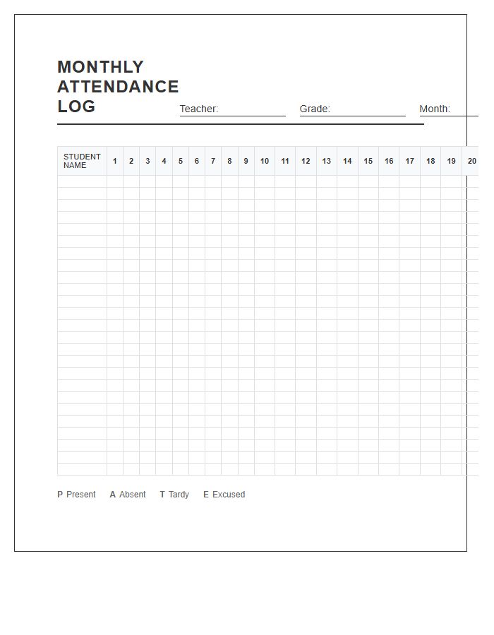 Monthly Elementary Classroom Attendance Log Printable Chart
