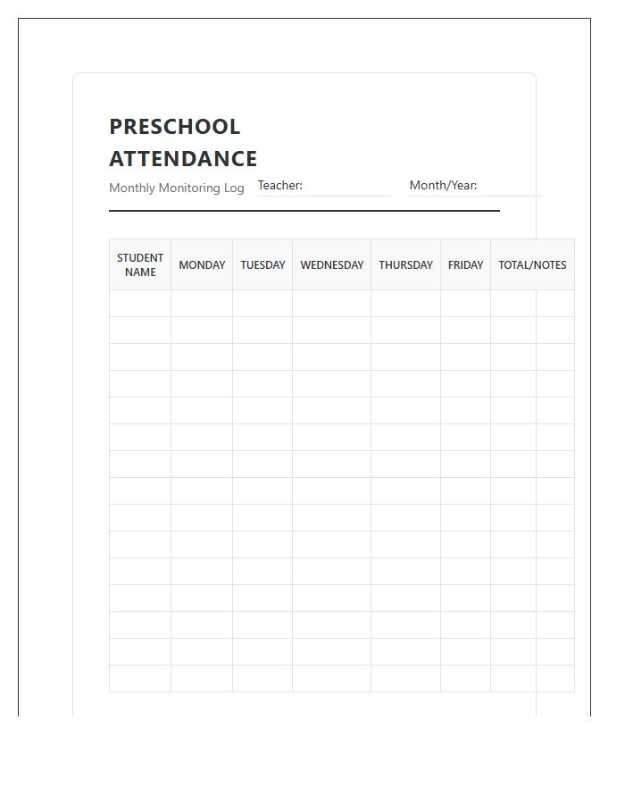 Preschool Attendance Monitoring Printable Chart