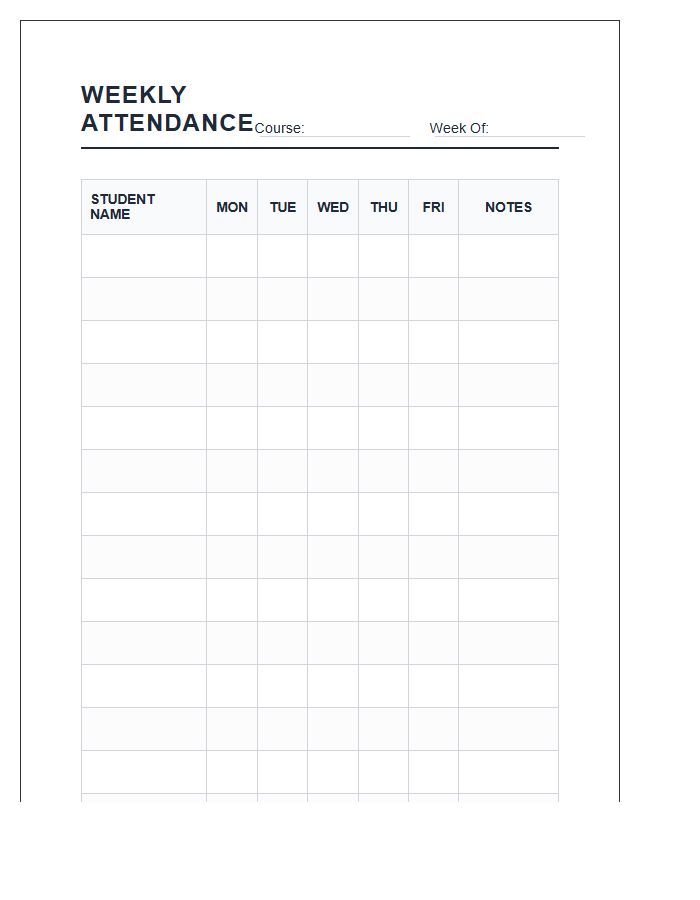 Printable Weekly Student Attendance Tracking Chart