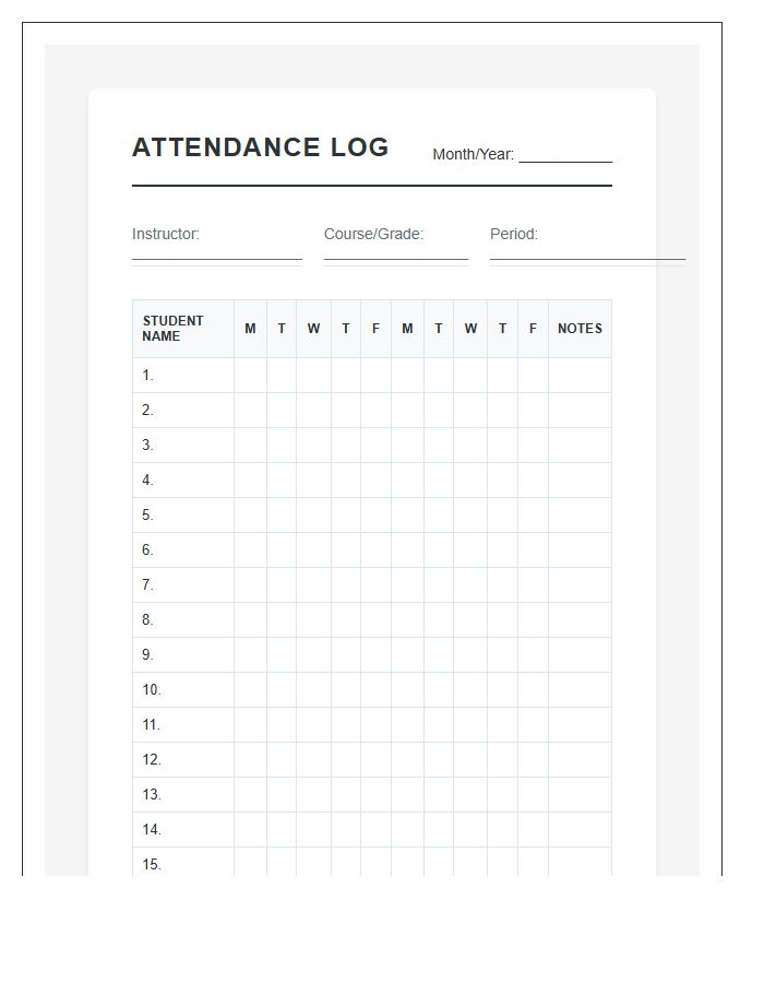 Professional Classroom Management Attendance Log Printable Chart