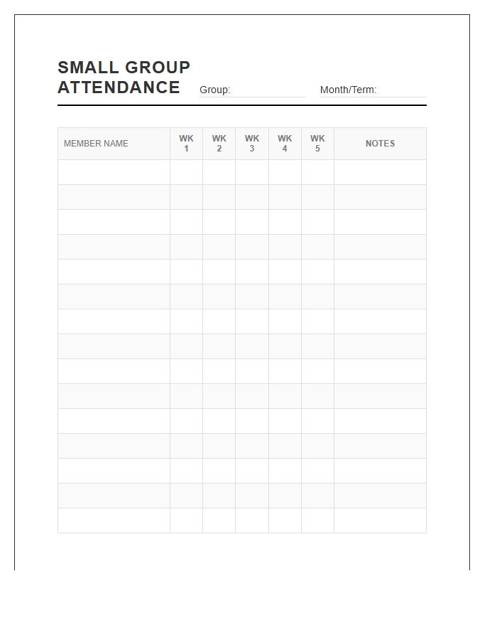 Small Group Attendance Tracking Printable Chart
