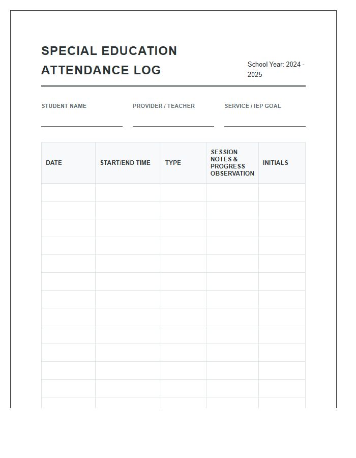 Special Education Attendance Log Printable Chart