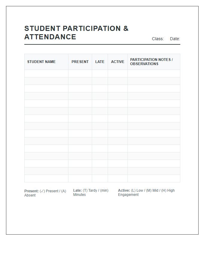 Student Participation And Attendance Log Printable Chart