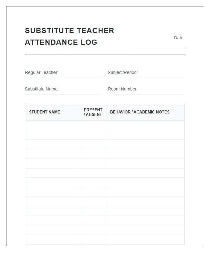 Substitute Teacher Attendance Log Printable Chart