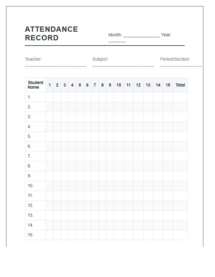 Teacher Resource Printable Attendance Record Chart