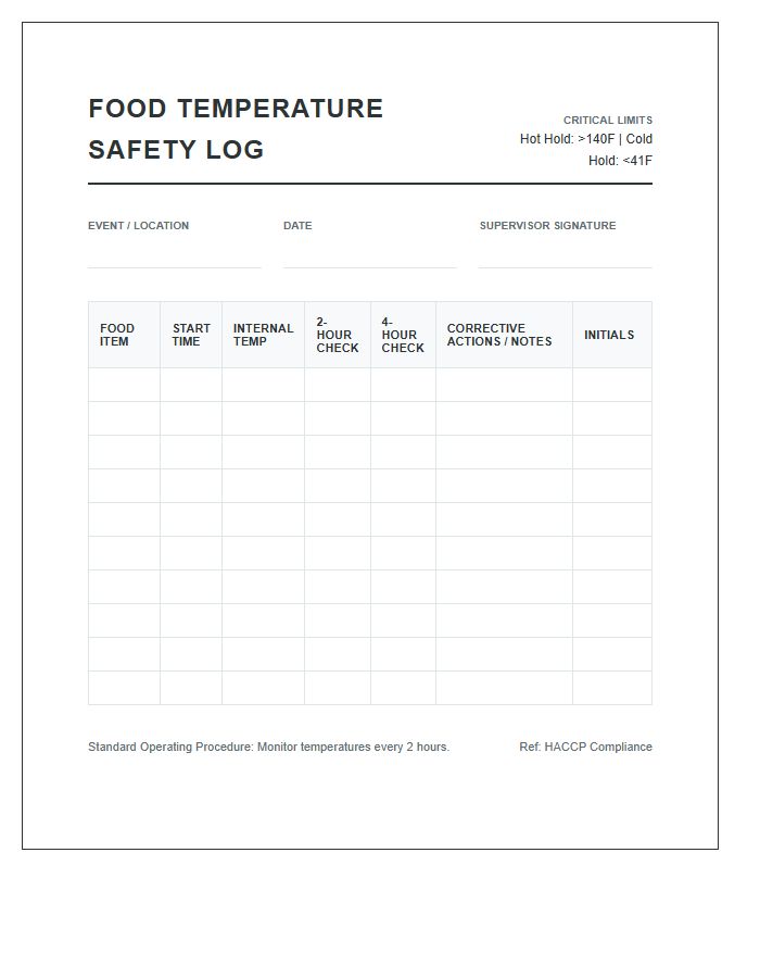 Catering Service Printable Food Temperature Safety Log Chart