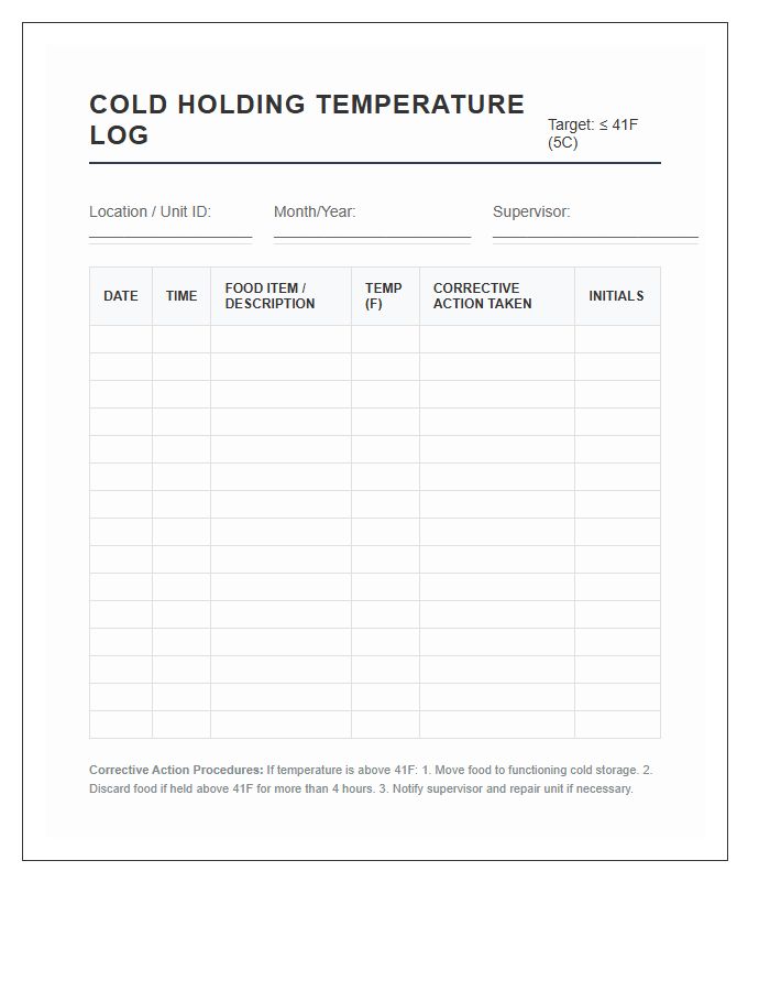 Cold Holding Printable Food Temperature Safety Log Chart