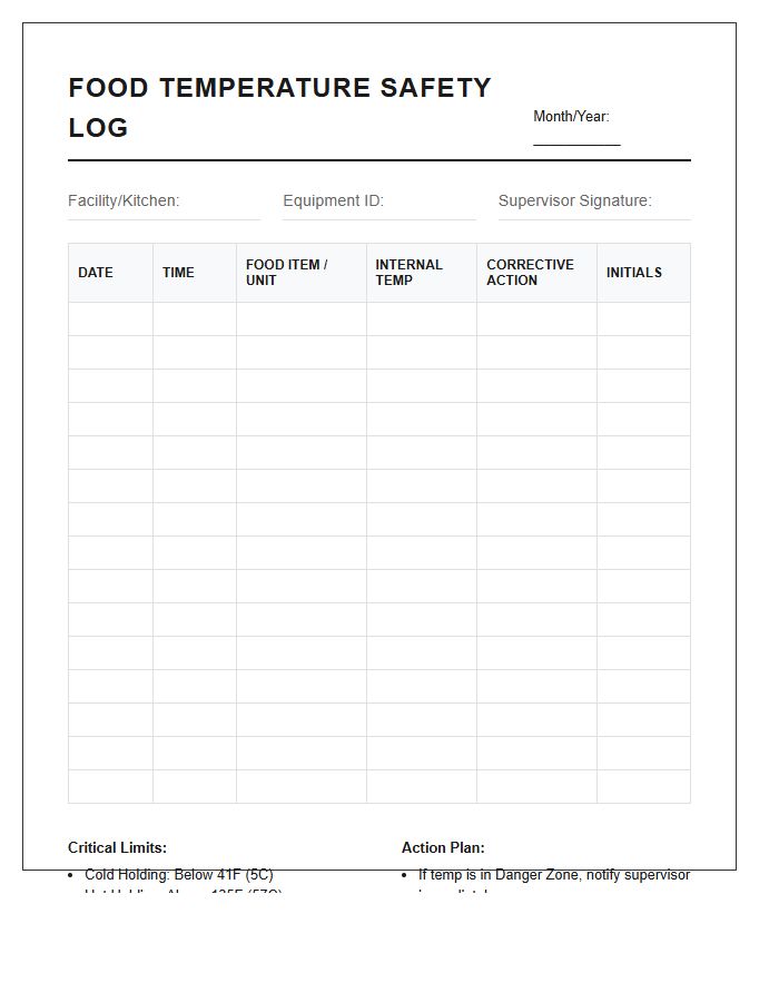 Commercial Kitchen Printable Food Temperature Safety Log Chart