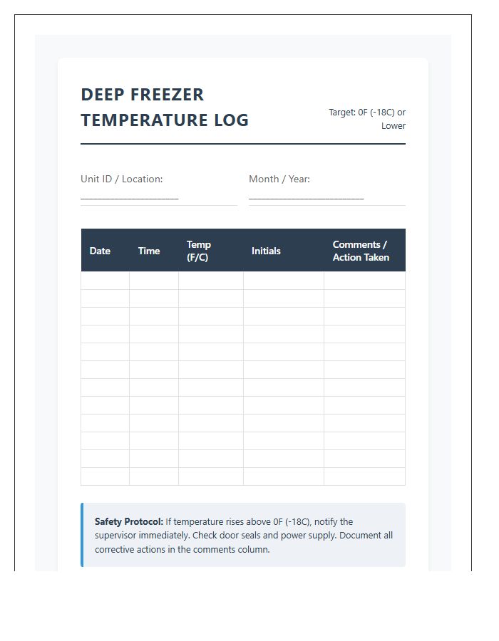 Deep Freezer Printable Food Temperature Safety Log Chart
