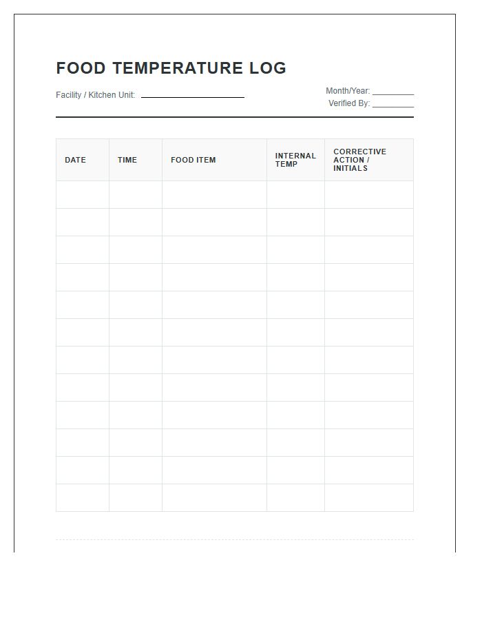 Food Internal Temperature Safety Log Printable Chart