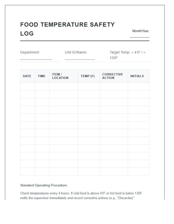 Grocery Store Printable Food Temperature Safety Log Chart