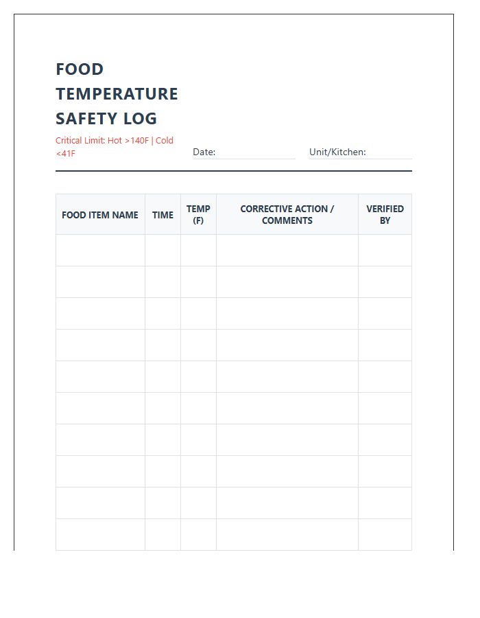 Hospital Kitchen Printable Food Temperature Safety Log Chart
