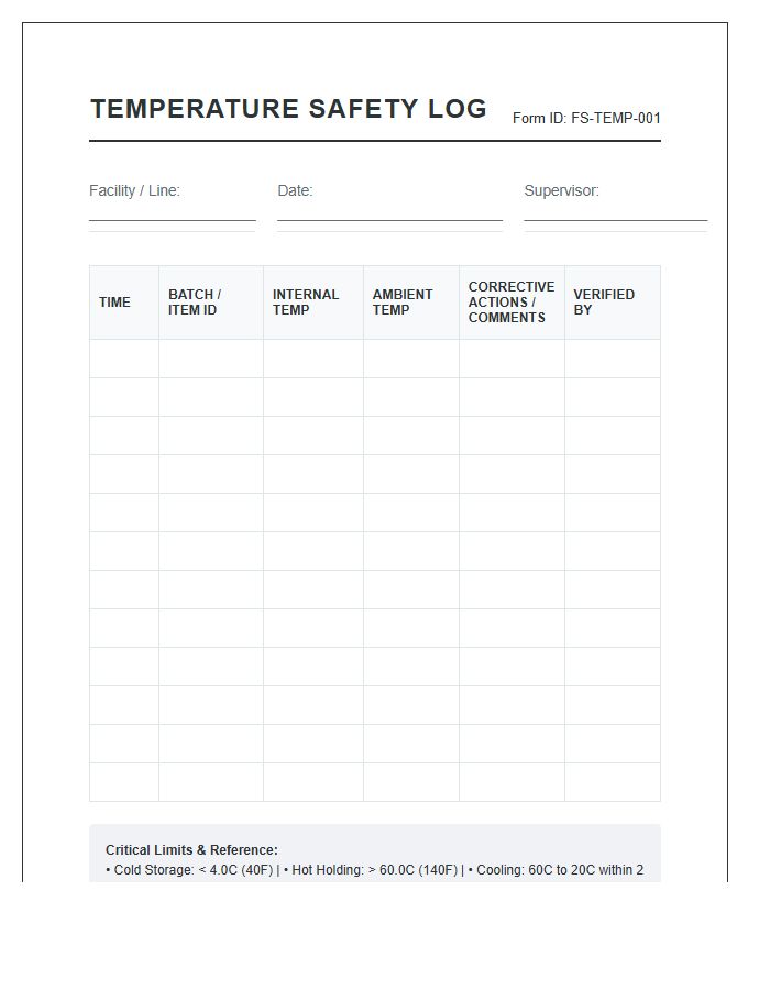 Industrial Food Processing Printable Temperature Safety Log Chart